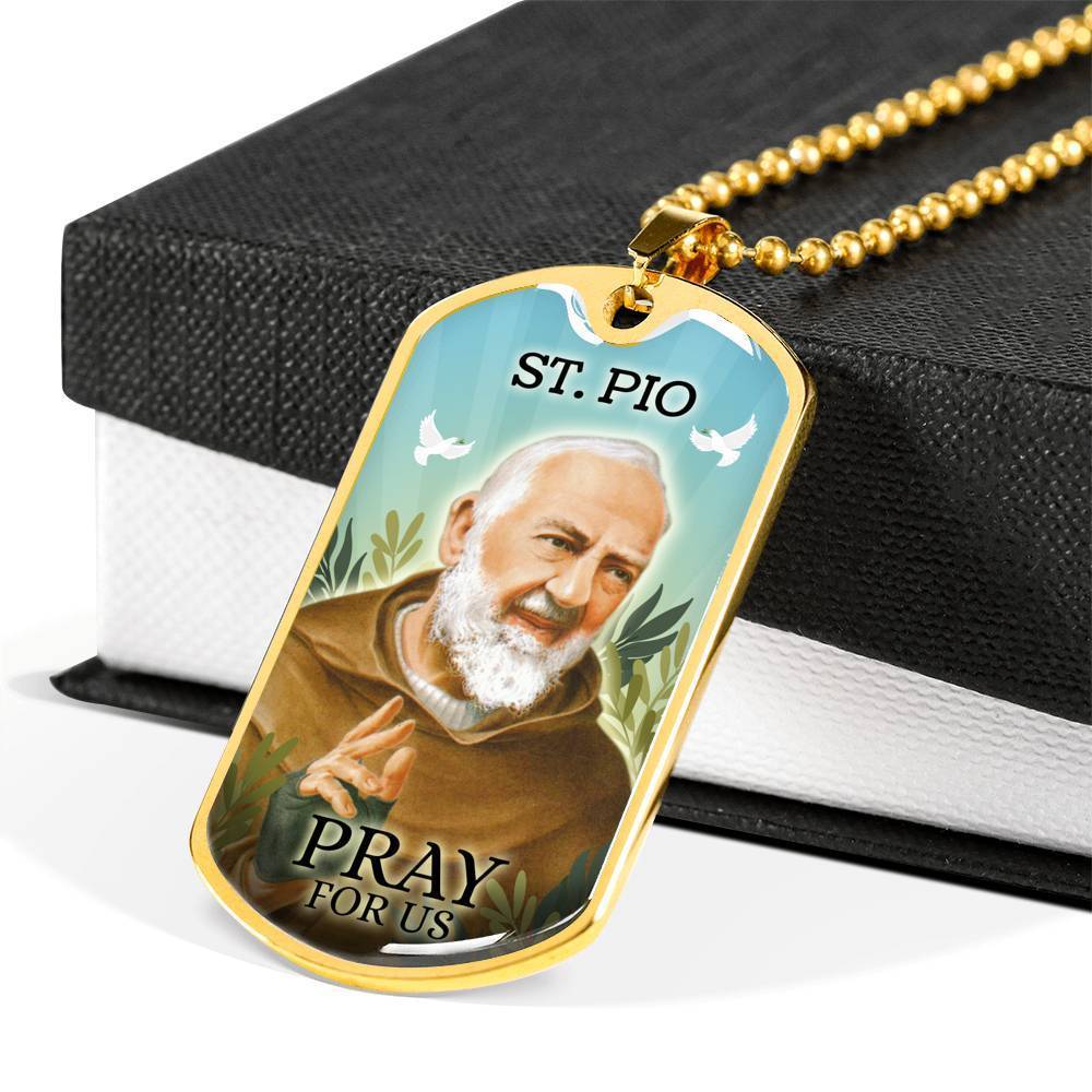 St. Pio Catholic Necklace Stainless Steel or 18k Gold Dog Tag 24" Chain-Express Your Love Gifts