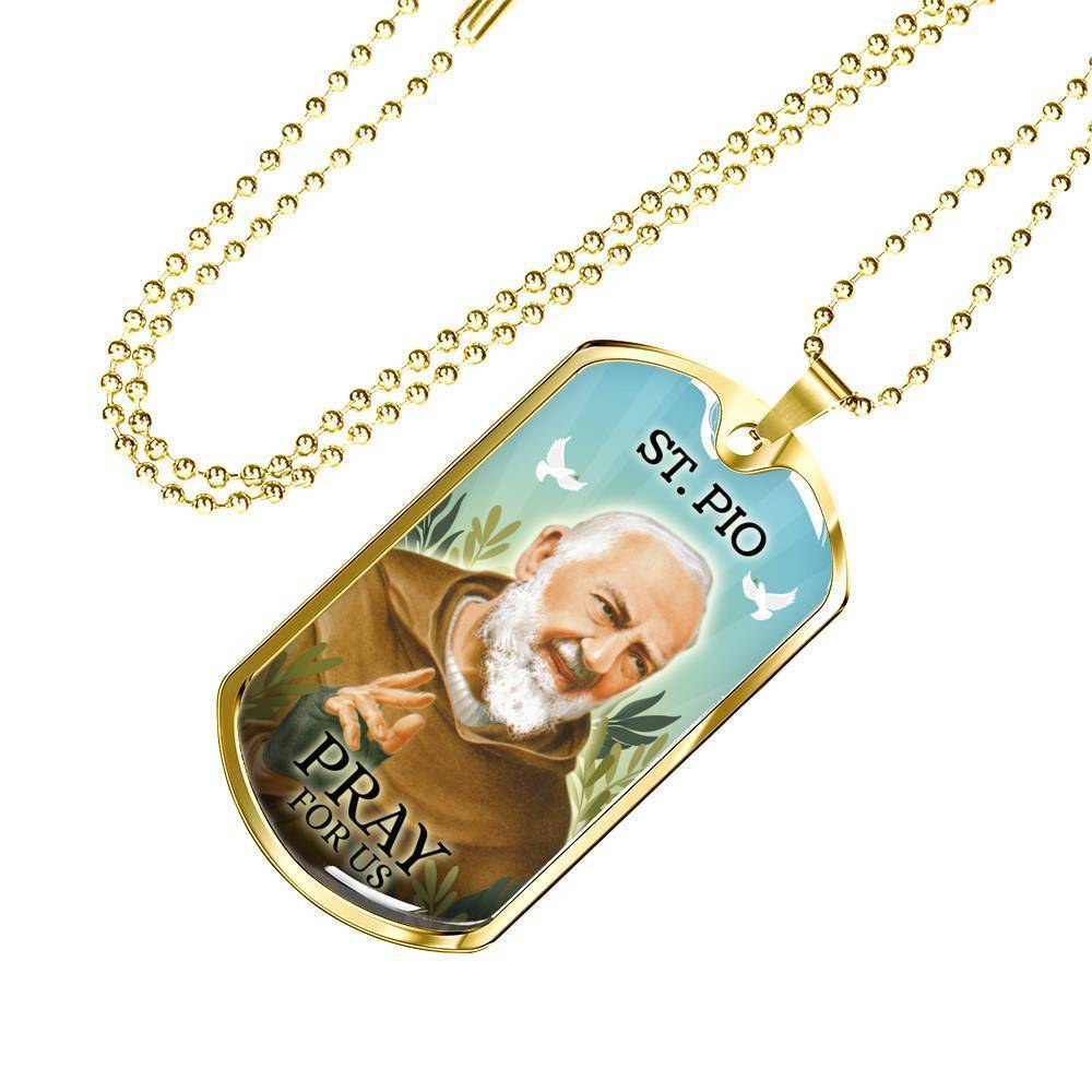 St. Pio Catholic Necklace Stainless Steel or 18k Gold Dog Tag 24" Chain-Express Your Love Gifts