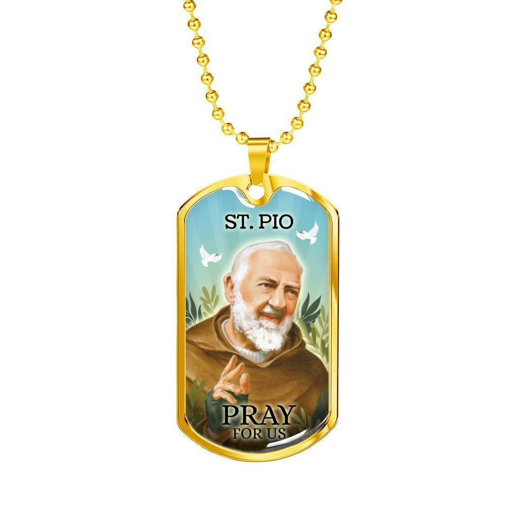 St. Pio Catholic Necklace Stainless Steel or 18k Gold Dog Tag 24" Chain-Express Your Love Gifts