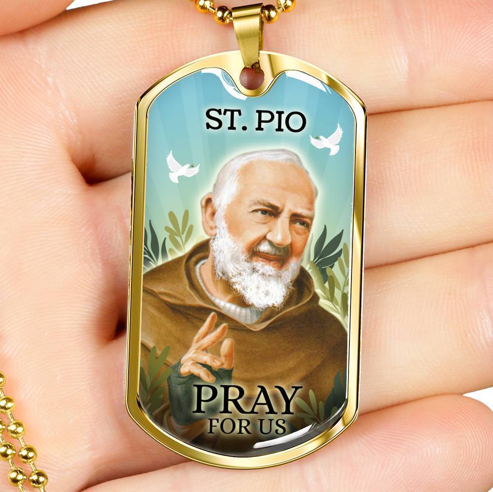 St. Pio Catholic Necklace Stainless Steel or 18k Gold Dog Tag 24" Chain-Express Your Love Gifts