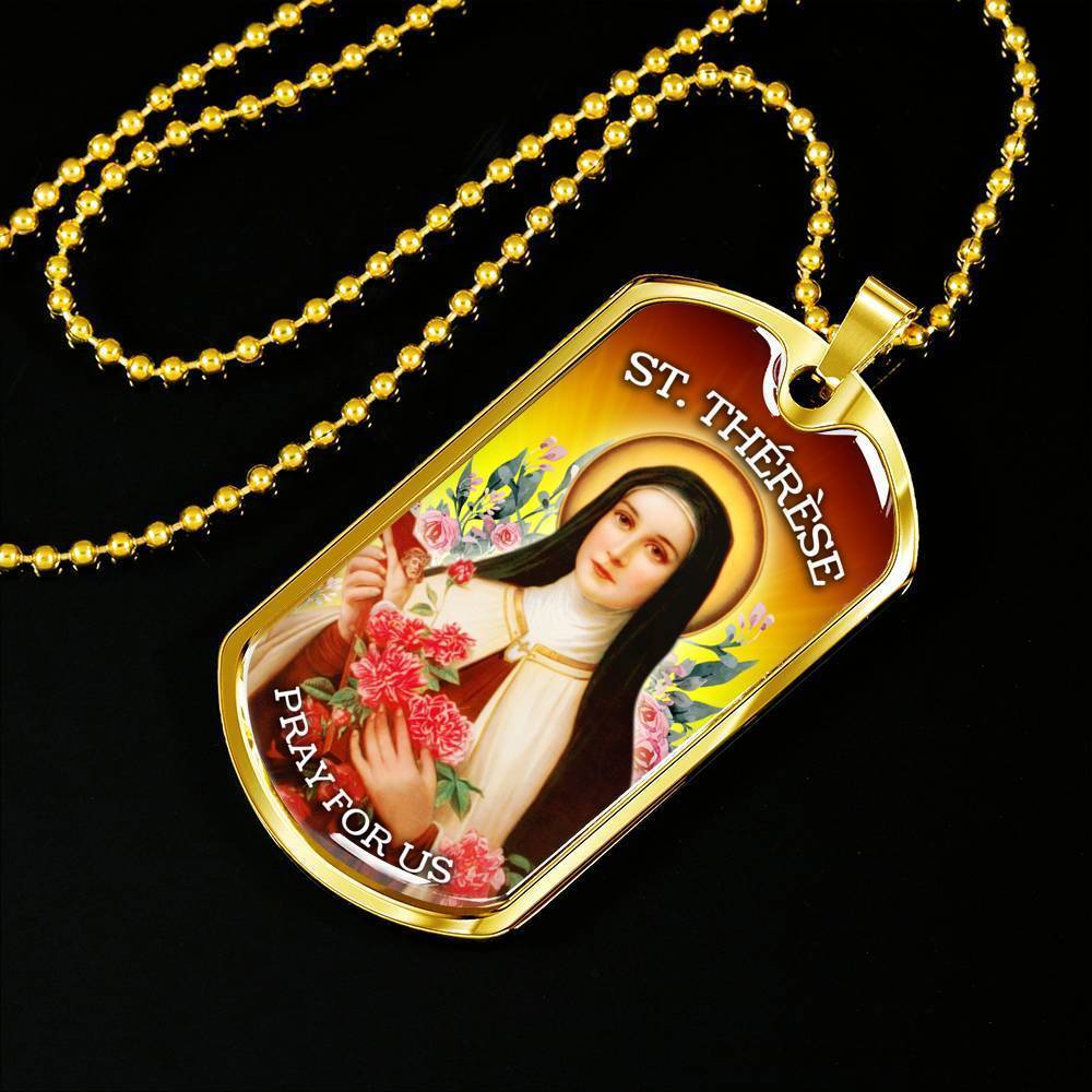 St. Therese Catholic Necklace Stainless Steel or 18k Gold Dog Tag 24" Chain-Express Your Love Gifts