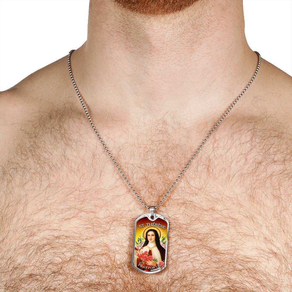 St. Therese Catholic Necklace Stainless Steel or 18k Gold Dog Tag 24" Chain-Express Your Love Gifts
