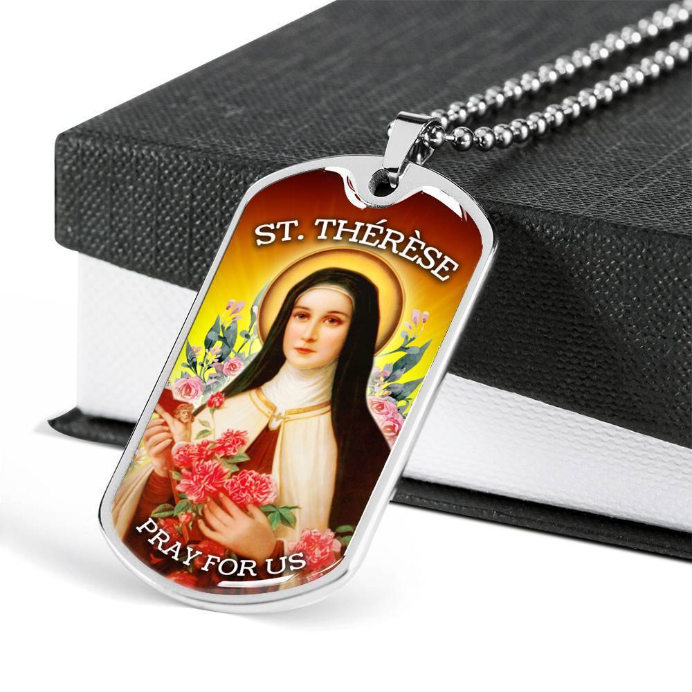 St. Therese Catholic Necklace Stainless Steel or 18k Gold Dog Tag 24" Chain-Express Your Love Gifts