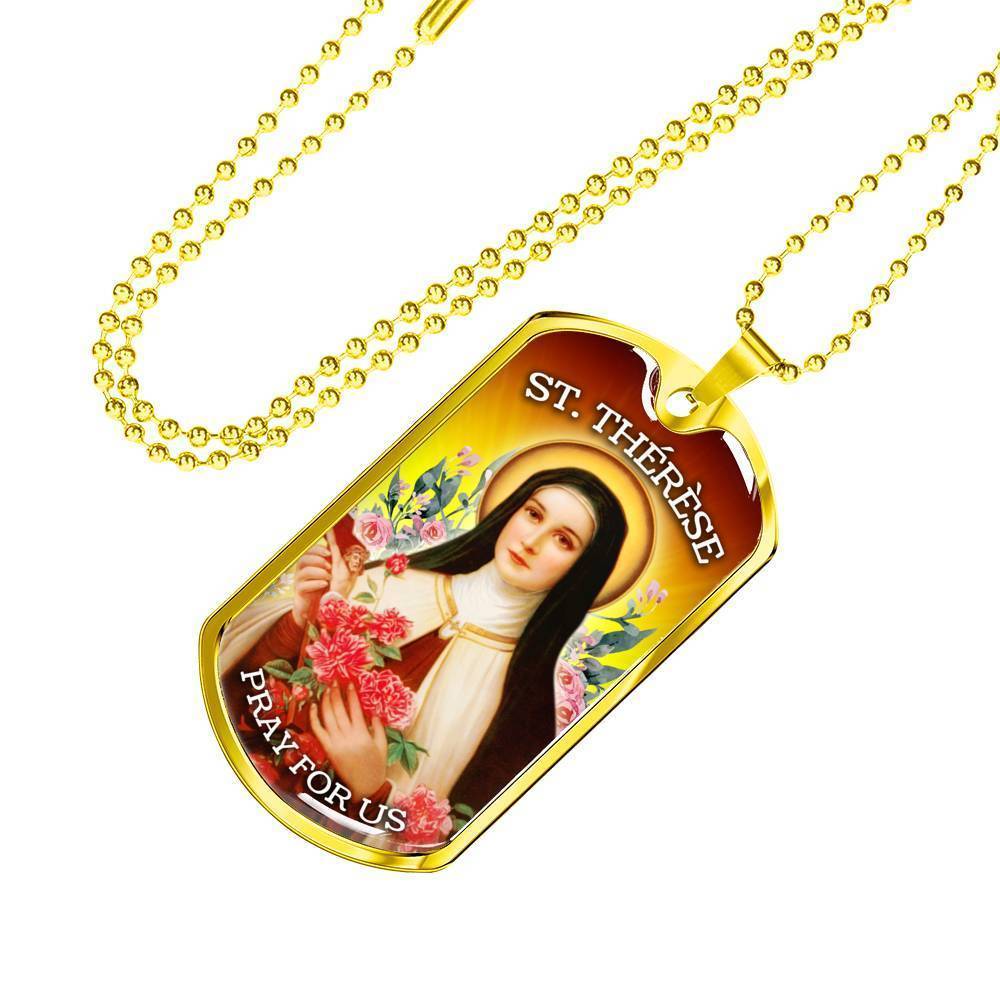 St. Therese Catholic Necklace Stainless Steel or 18k Gold Dog Tag 24" Chain-Express Your Love Gifts