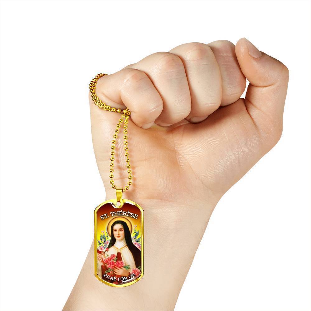 St. Therese Catholic Necklace Stainless Steel or 18k Gold Dog Tag 24" Chain-Express Your Love Gifts