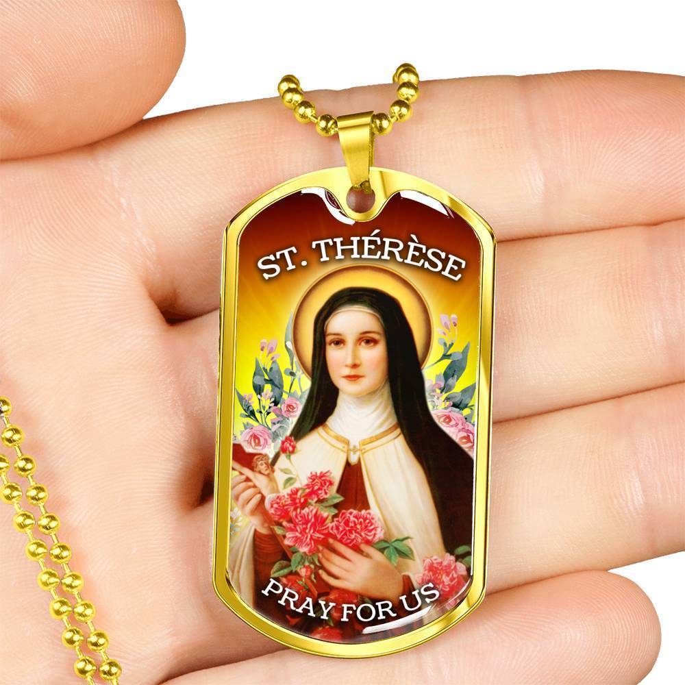 St. Therese Catholic Necklace Stainless Steel or 18k Gold Dog Tag 24" Chain-Express Your Love Gifts
