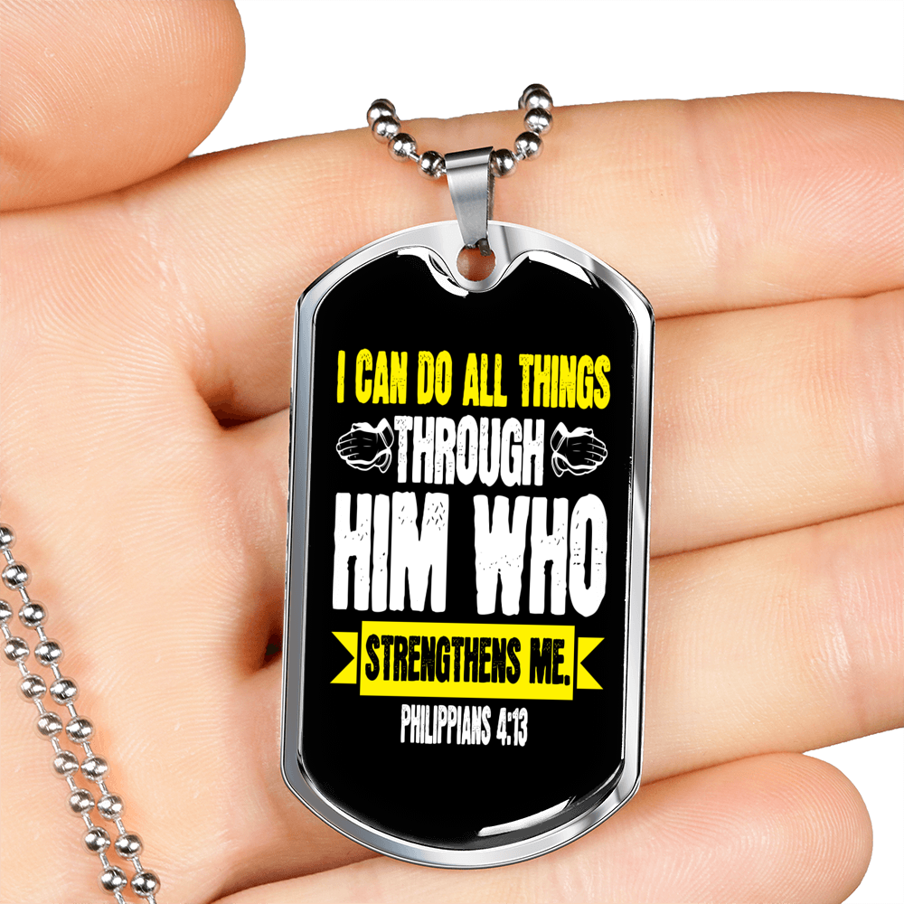 Strengthens Me Christian Necklace Stainless Steel or 18k Gold Dog Tag 24" Chain-Express Your Love Gifts