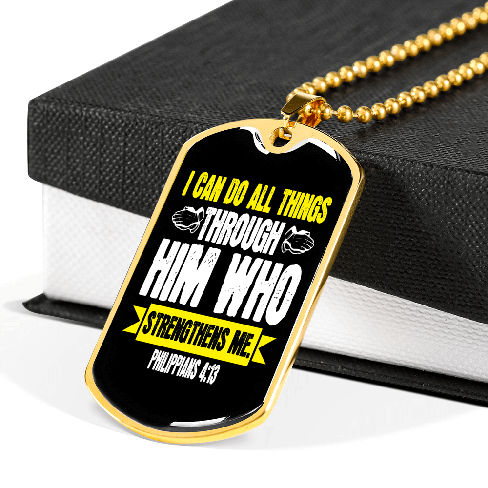 Strengthens Me Christian Necklace Stainless Steel or 18k Gold Dog Tag 24" Chain-Express Your Love Gifts