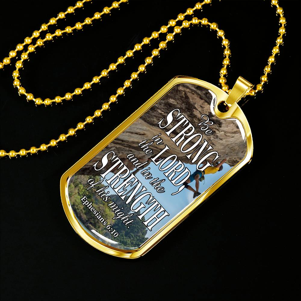 Strong In The Lord Bible Necklace Stainless Steel or 18k Gold Dog Tag 24"-Express Your Love Gifts