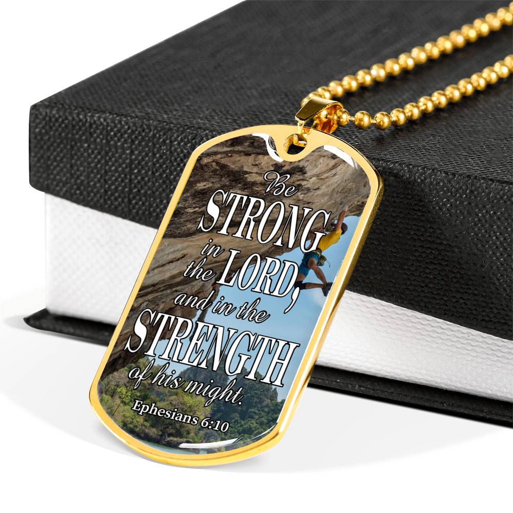 Strong In The Lord Bible Necklace Stainless Steel or 18k Gold Dog Tag 24"-Express Your Love Gifts