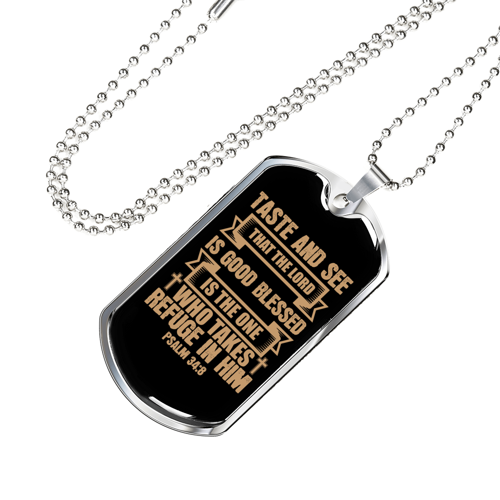 Taste And See Lord Is Good Christian Necklace Stainless Steel or 18k Gold Dog Tag 24" Chain-Express Your Love Gifts