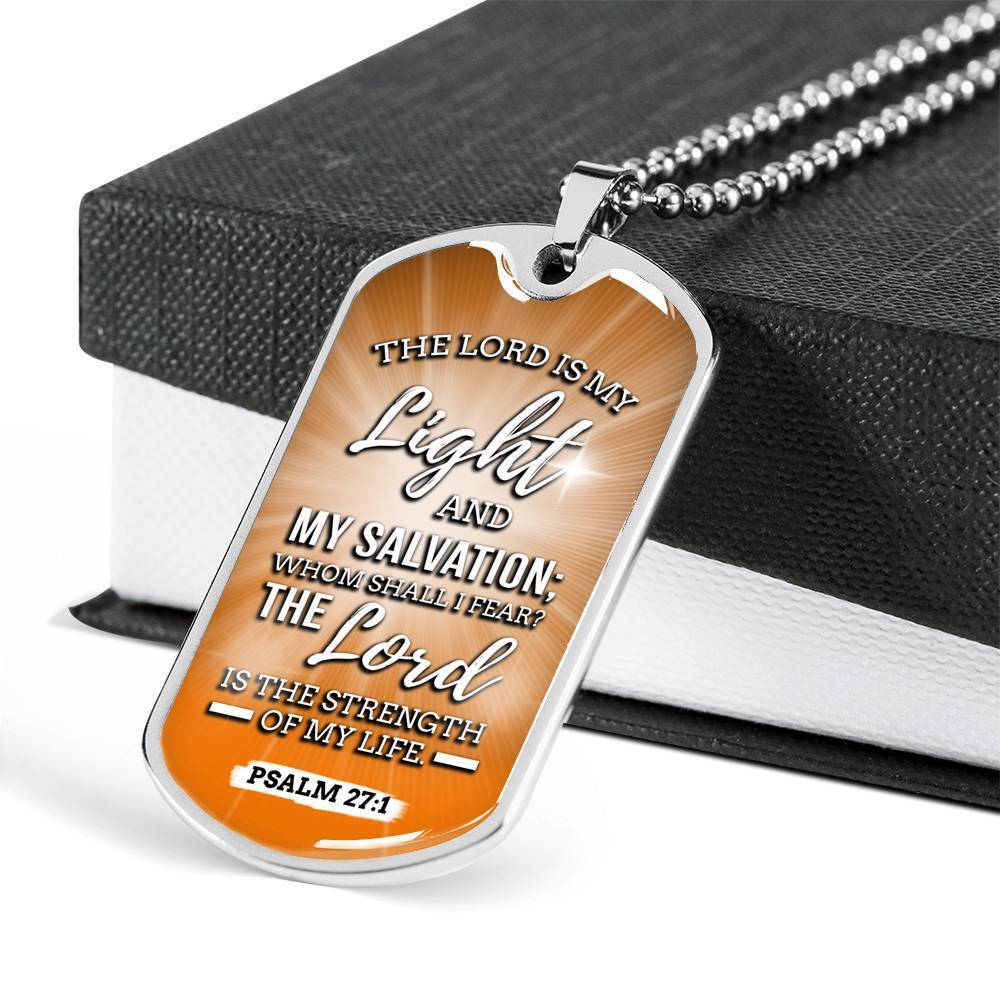 The Lord Is My Light And My Salvation Bible Verse Inspirational Gift Necklace Stainless Steel or 18k Gold Dog Tag 24" Chain-Express Your Love Gifts