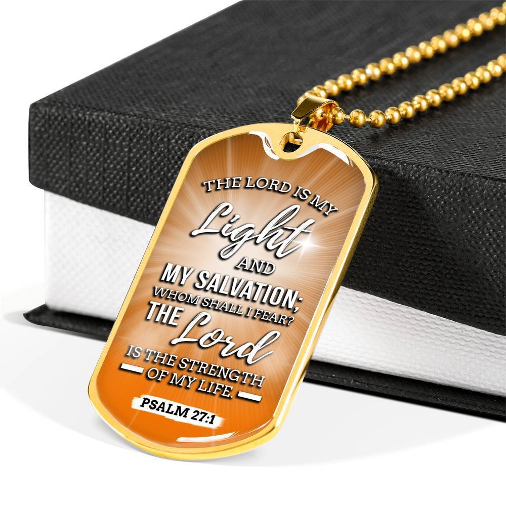 The Lord Is My Light And My Salvation Bible Verse Inspirational Gift Necklace Stainless Steel or 18k Gold Dog Tag 24" Chain-Express Your Love Gifts