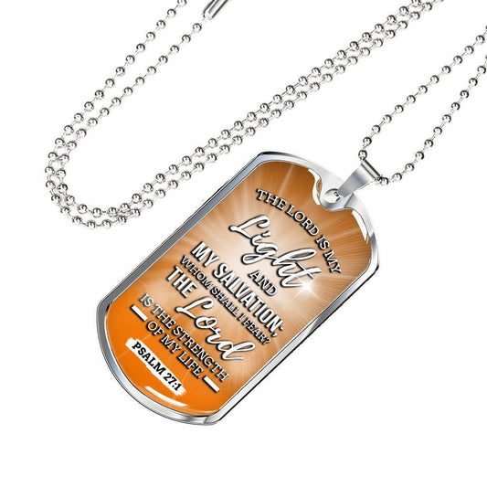 The Lord is my Light and My Salvation Bible Verse Inspirational Gift Necklace Stainless Steel or 18k Gold Dog Tag w 24" Chain