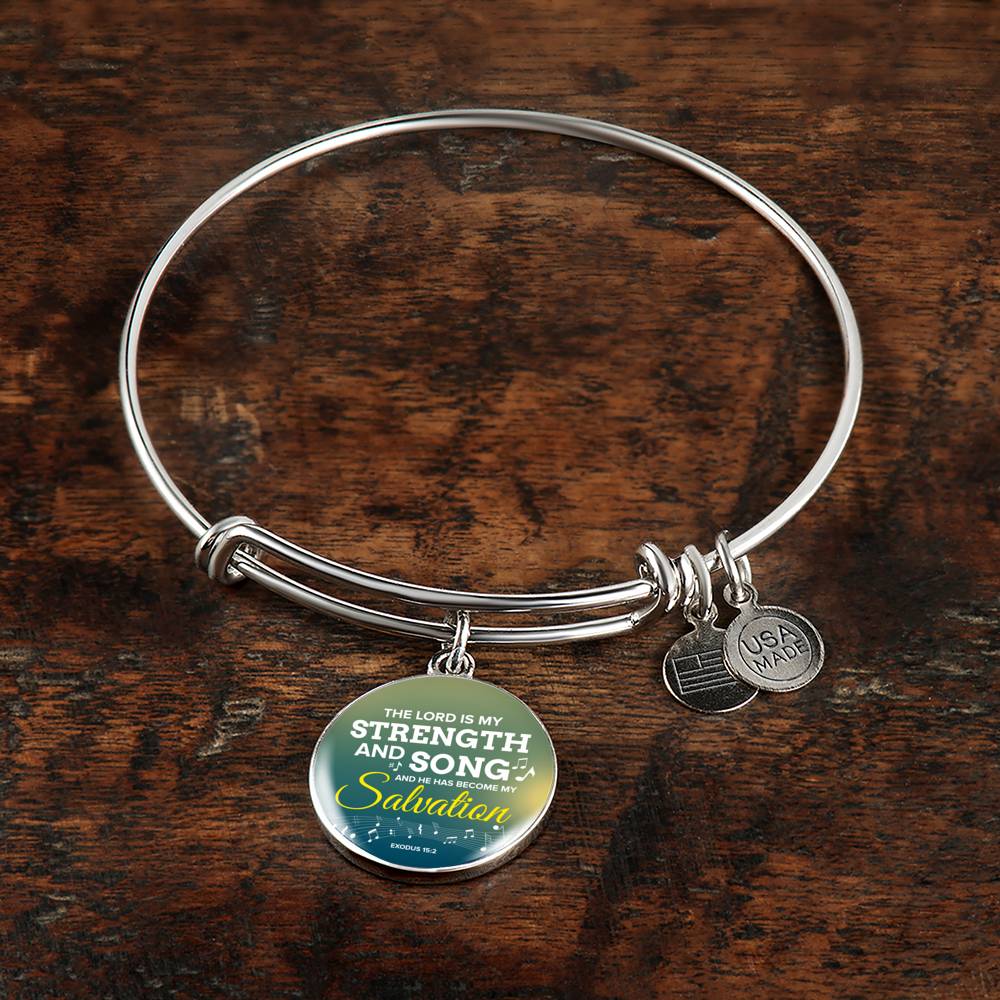 The Lord Is My Strength And Song Scripture Circle Pendant Bangle Stainless Steel or 18k Gold 18-22"-Express Your Love Gifts
