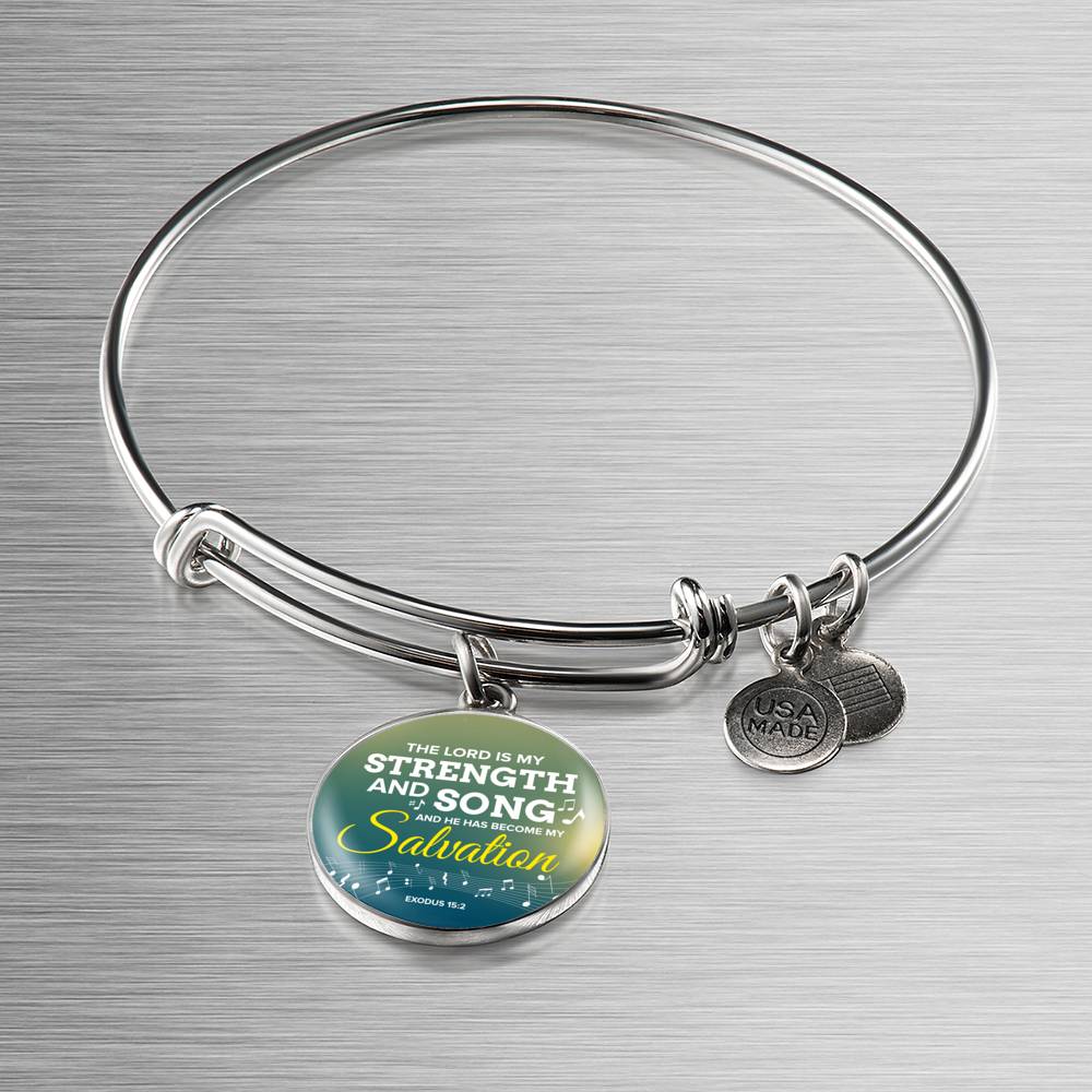 The Lord Is My Strength And Song Scripture Circle Pendant Bangle Stainless Steel or 18k Gold 18-22"-Express Your Love Gifts