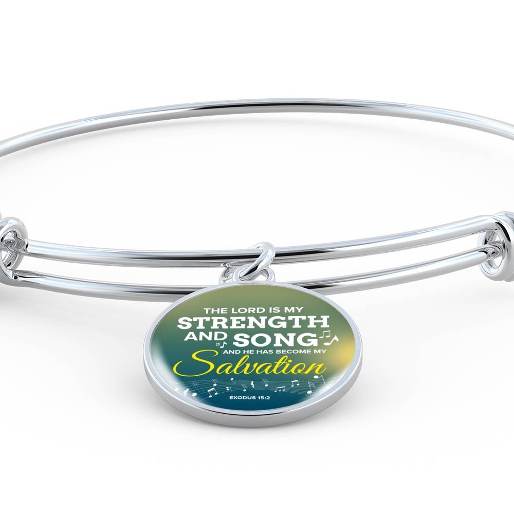 The Lord Is My Strength And Song Scripture Circle Pendant Bangle Stainless Steel or 18k Gold 18-22"-Express Your Love Gifts
