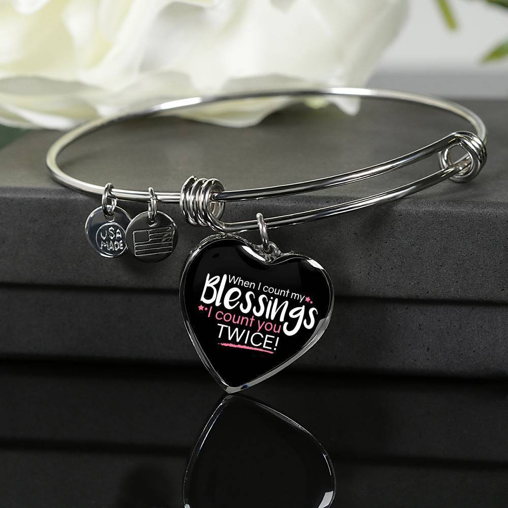 To My Wife Count My Blessings Heart Bangle Stainless Steel or 18k Gold 18-22""