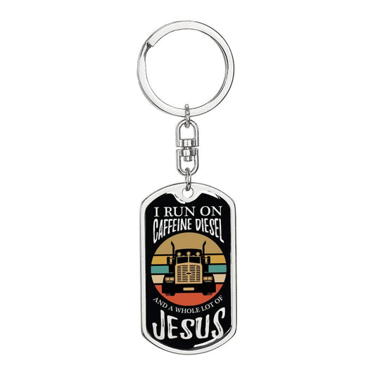Trucker Caffeine Diesel Jesus Keychain Stainless Steel or 18k Gold Dog Tag-Express Your Love Gifts