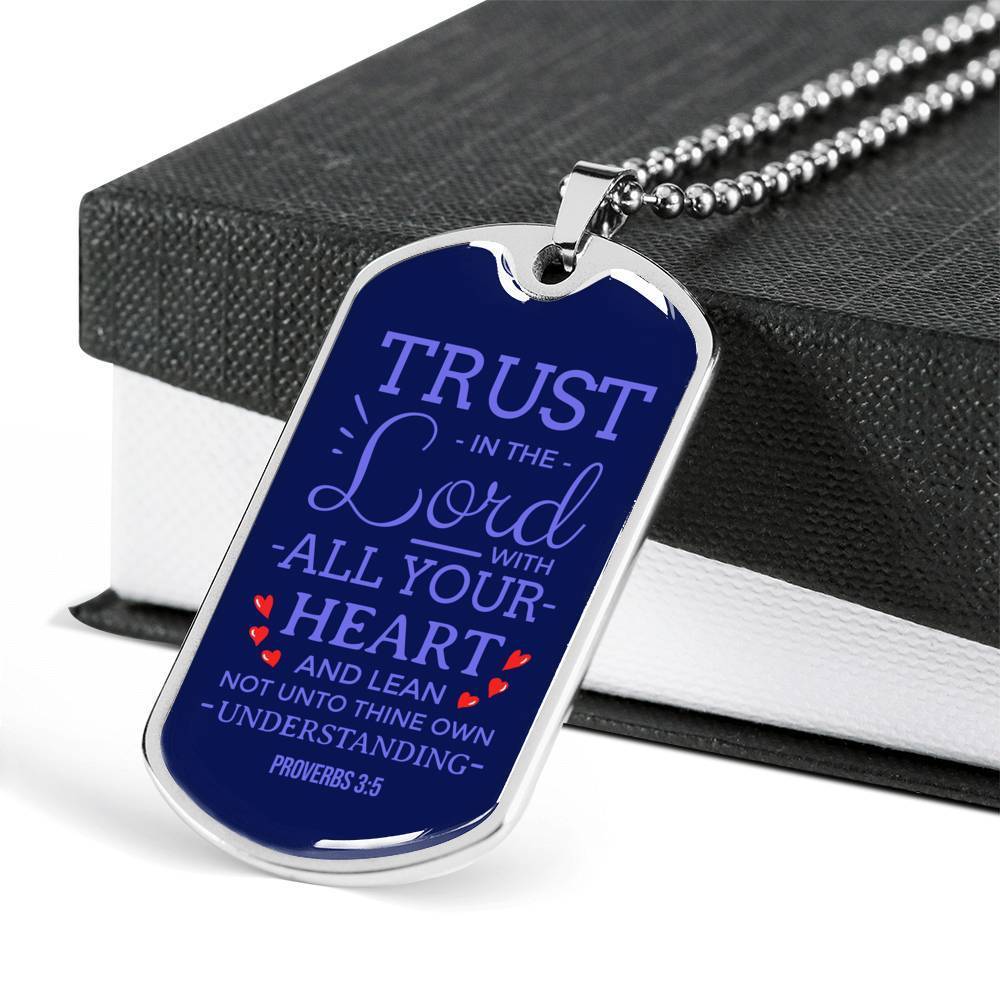 Trust God Proverbs 3:5 Necklace Stainless Steel or 18k Gold Dog Tag 24" Chain-Express Your Love Gifts