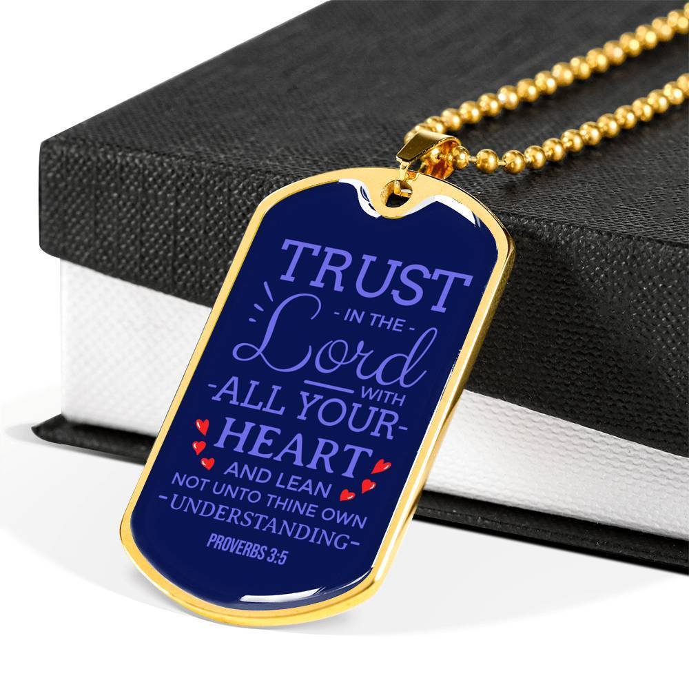 Trust God Proverbs 3:5 Necklace Stainless Steel or 18k Gold Dog Tag 24" Chain-Express Your Love Gifts