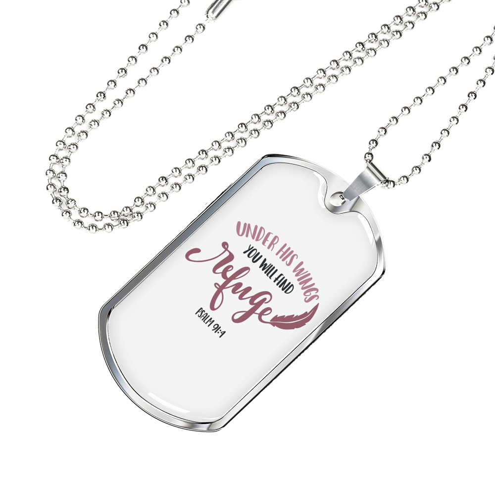 Under His Wings Christian Necklace Stainless Steel or 18k Gold Dog Tag 24" Chain-Express Your Love Gifts