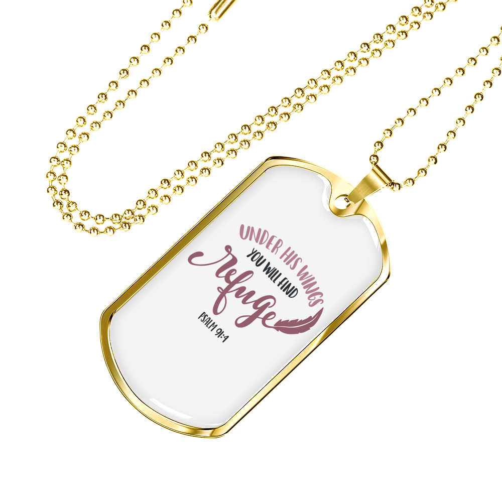 Under His Wings Christian Necklace Stainless Steel or 18k Gold Dog Tag 24" Chain-Express Your Love Gifts