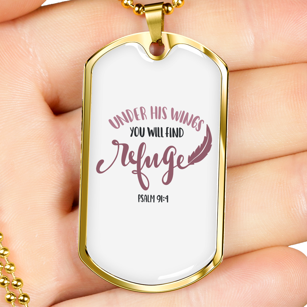 Under His Wings Christian Necklace Stainless Steel or 18k Gold Dog Tag 24" Chain-Express Your Love Gifts