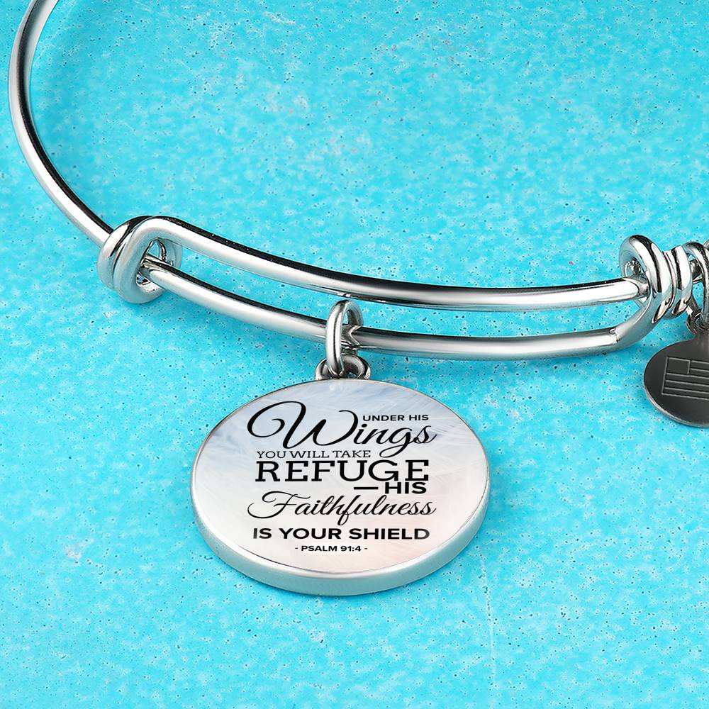 Under His Wings Circle Pendant Bangle Stainless Steel or 18k Gold 18-22"-Express Your Love Gifts