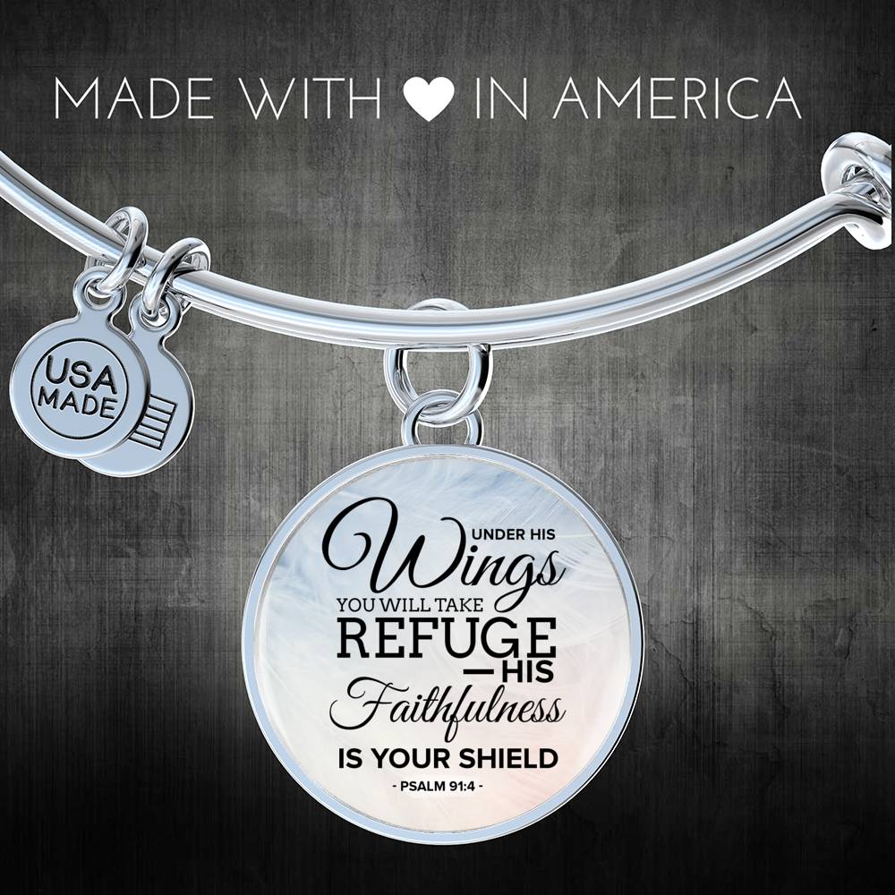 Under His Wings Circle Pendant Bangle Stainless Steel or 18k Gold 18-22"-Express Your Love Gifts