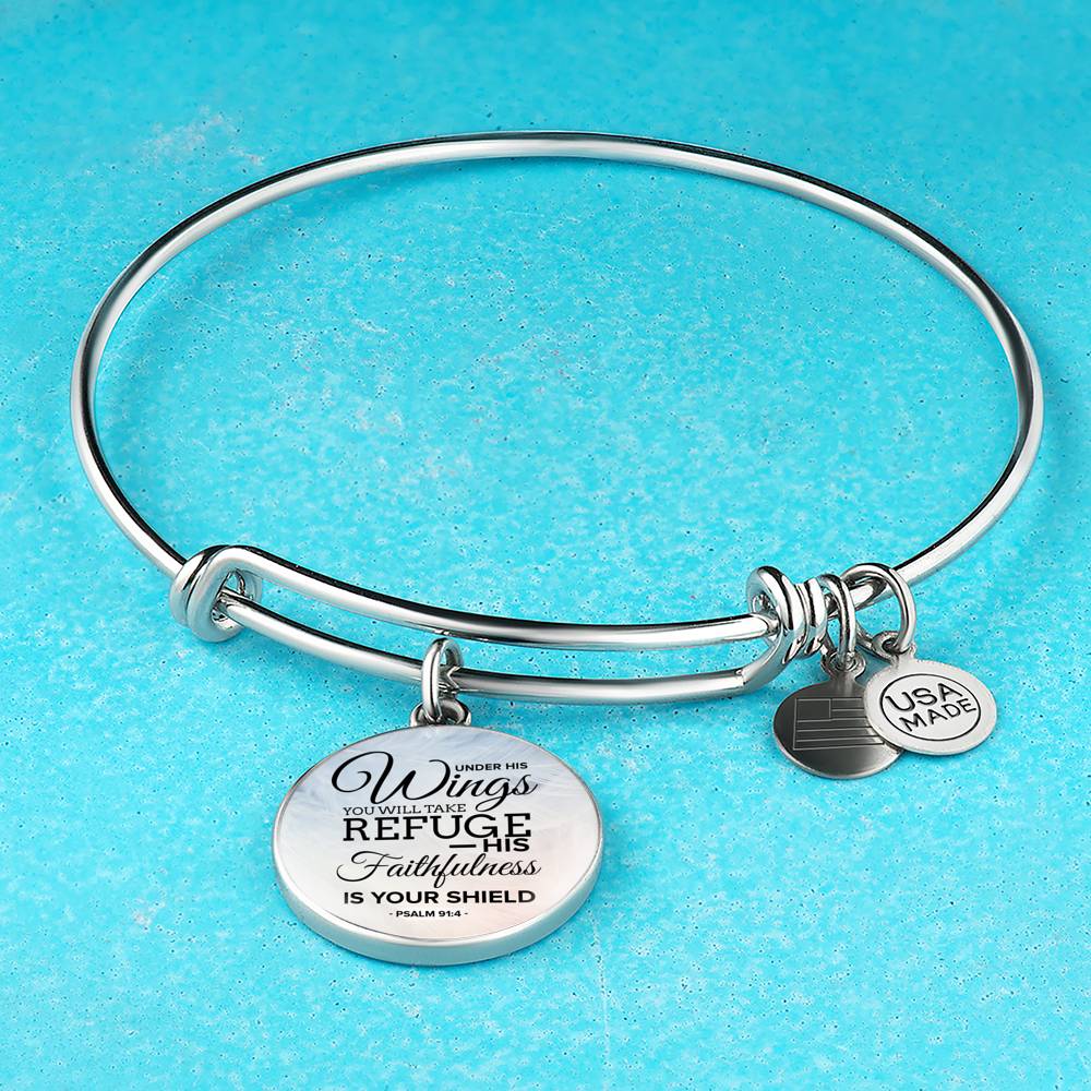 Under His Wings Circle Pendant Bangle Stainless Steel or 18k Gold 18-22"-Express Your Love Gifts