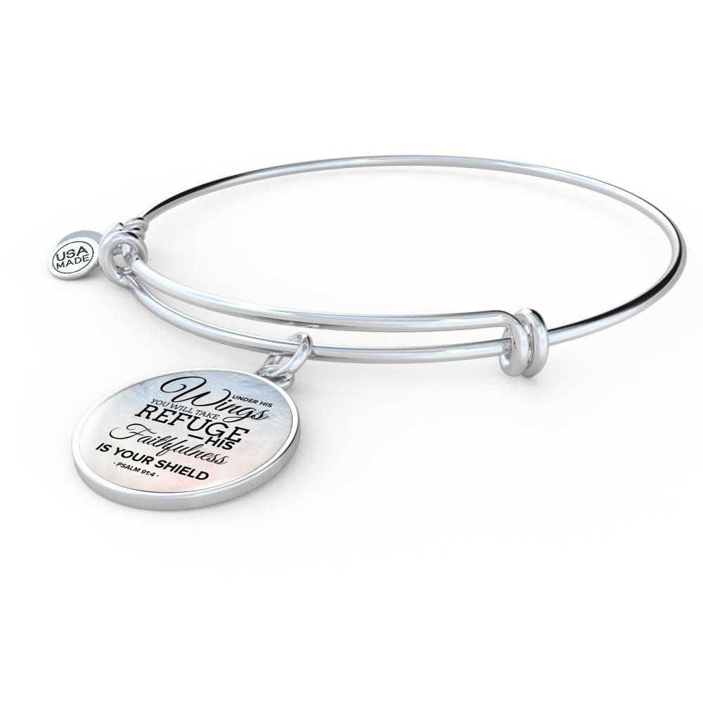 Under His Wings Circle Pendant Bangle Stainless Steel or 18k Gold 18-22"-Express Your Love Gifts
