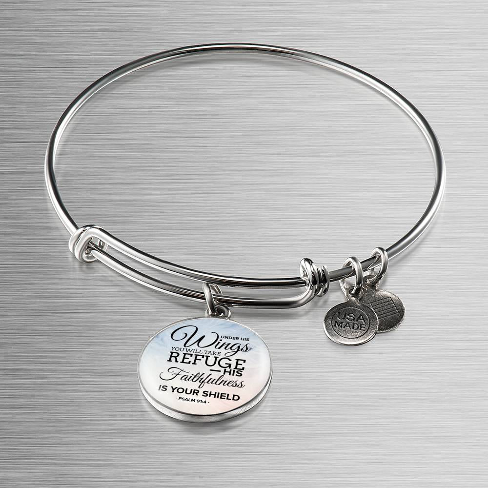 Under His Wings Circle Pendant Bangle Stainless Steel or 18k Gold 18-22"-Express Your Love Gifts