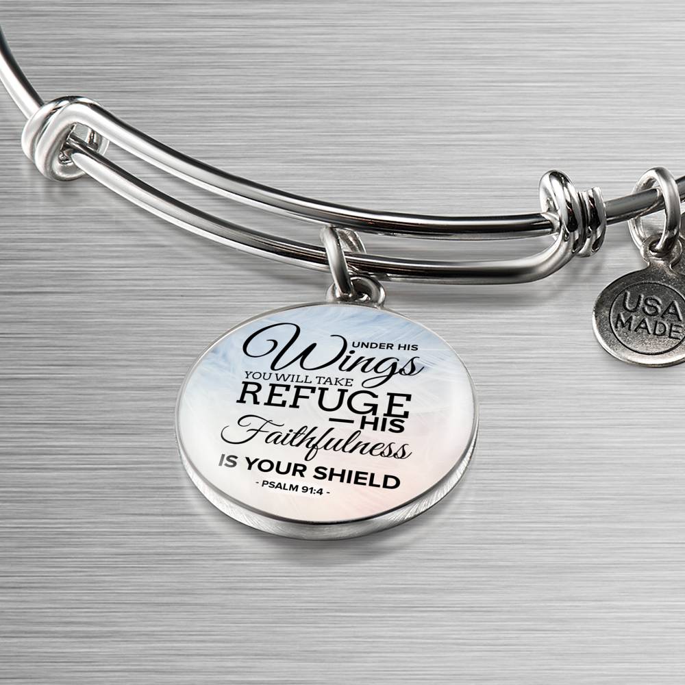 Under His Wings Circle Pendant Bangle Stainless Steel or 18k Gold 18-22"-Express Your Love Gifts