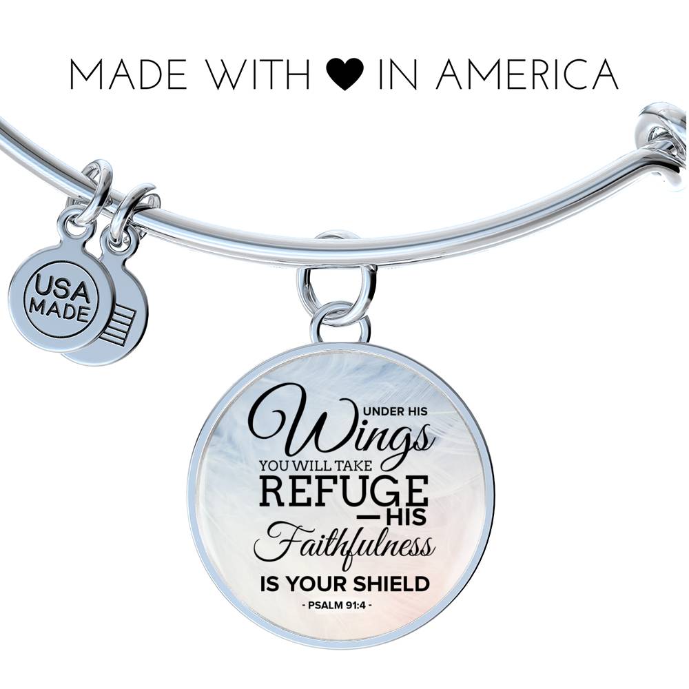 Under His Wings Circle Pendant Bangle Stainless Steel or 18k Gold 18-22"-Express Your Love Gifts