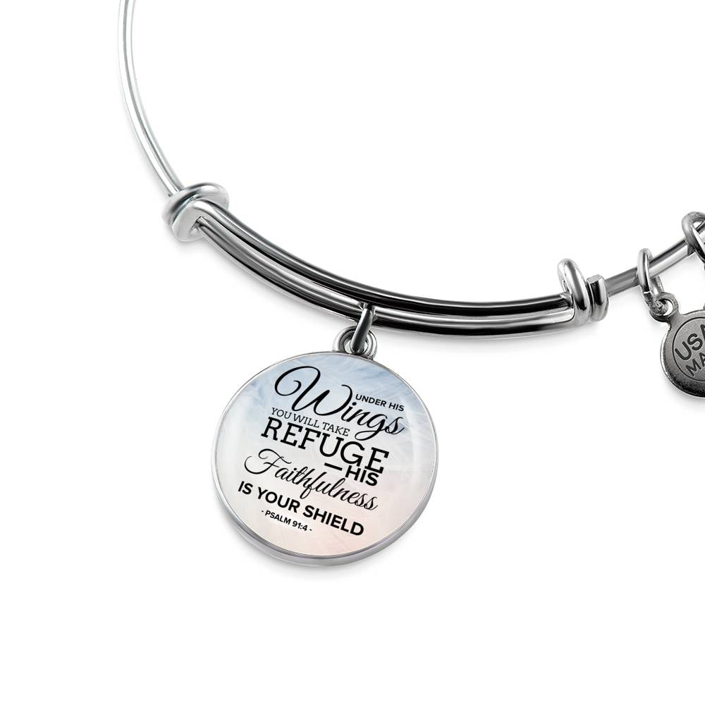Under His Wings Circle Pendant Bangle Stainless Steel or 18k Gold 18-22"-Express Your Love Gifts