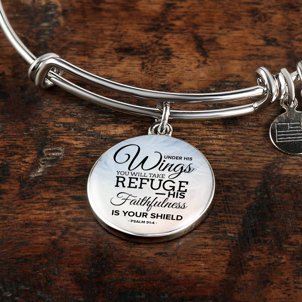 Under His Wings Circle Pendant Bangle Stainless Steel or 18k Gold 18-22"-Express Your Love Gifts