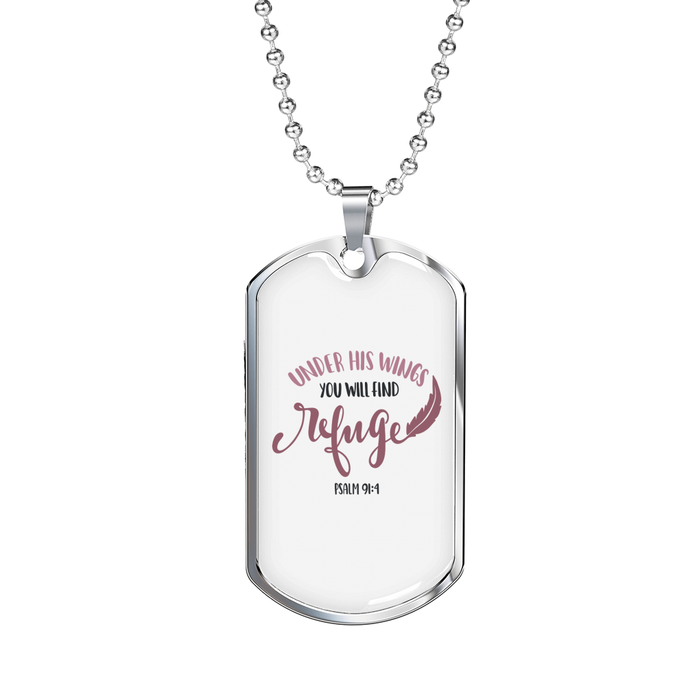 Under His Wings Psalm Christian Necklace Stainless Steel or 18k Gold Dog Tag 24" Chain-Express Your Love Gifts