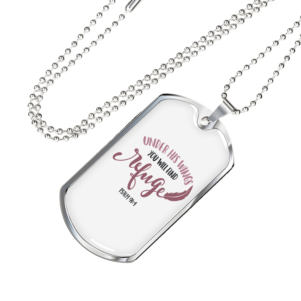 Under His Wings Psalm Christian Necklace Stainless Steel or 18k Gold Dog Tag 24" Chain-Express Your Love Gifts