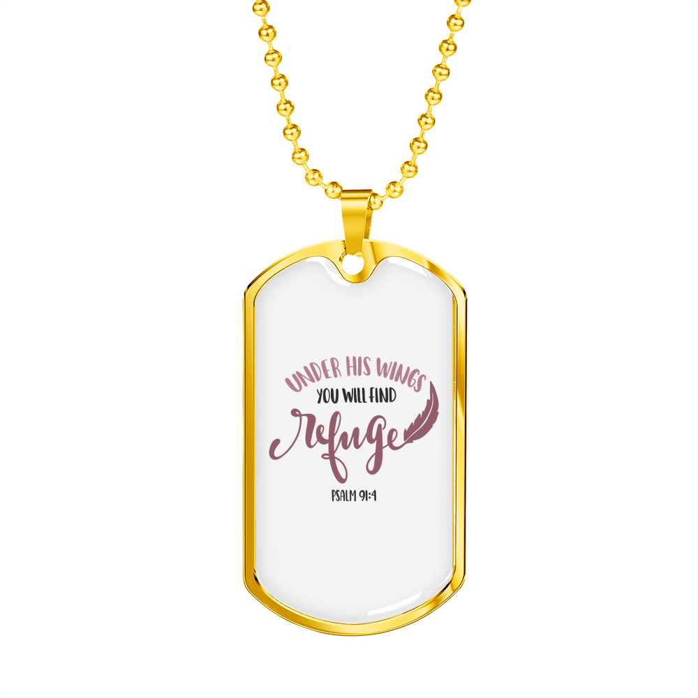 Under His Wings Psalm Christian Necklace Stainless Steel or 18k Gold Dog Tag 24" Chain-Express Your Love Gifts