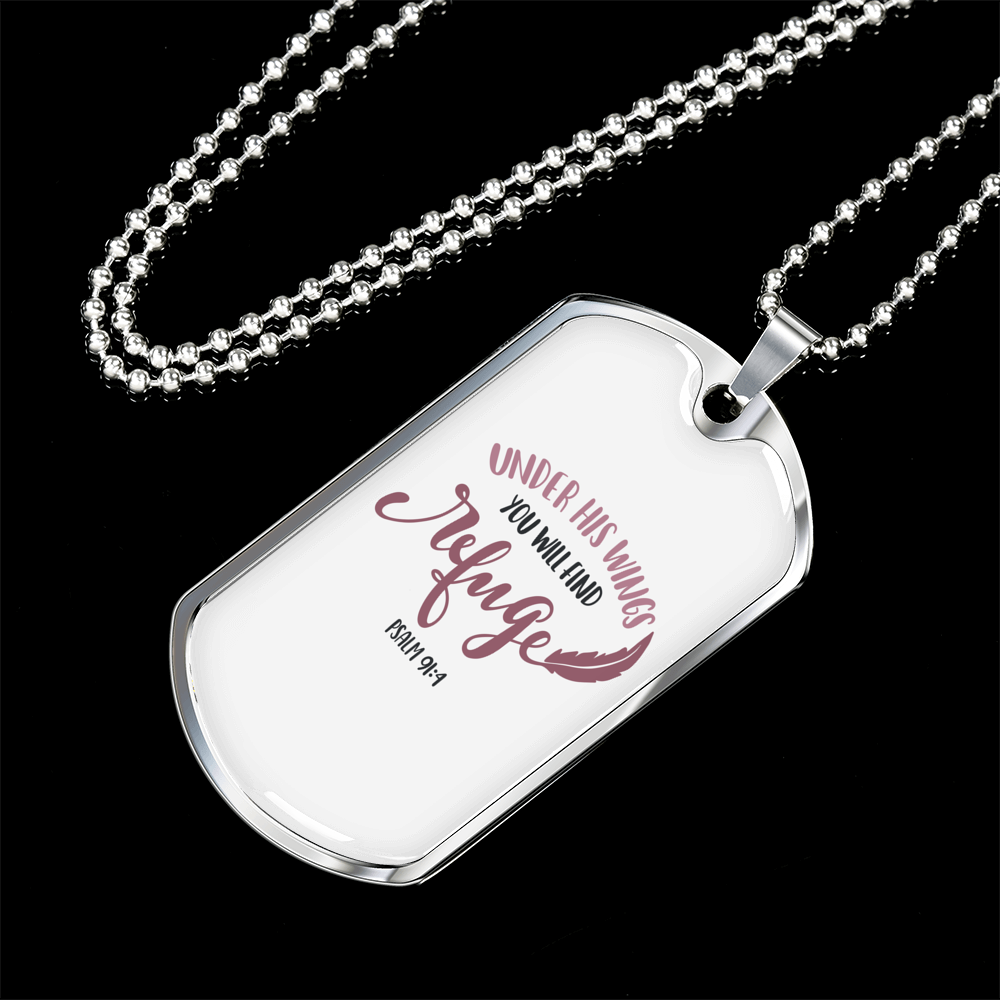 Under His Wings Psalm Christian Necklace Stainless Steel or 18k Gold Dog Tag 24" Chain-Express Your Love Gifts