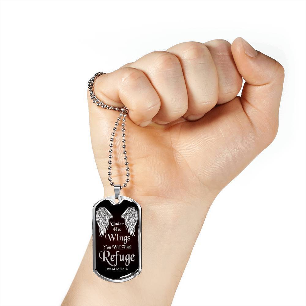 Under His Wings You Will Find Refuge Necklace Stainless Steel or 18k Gold Dog Tag 24" Chain - Express Your Love Gifts