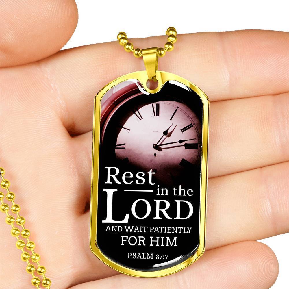 Wait And Rest In God's Presence Bible Verse Gift Psalm Necklace Stainless Steel or 18k Gold Dog Tag 24" Chain-Express Your Love Gifts