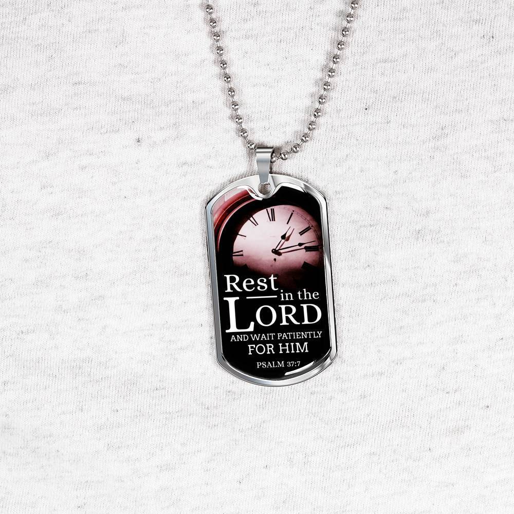 Wait And Rest In God's Presence Bible Verse Gift Psalm Necklace Stainless Steel or 18k Gold Dog Tag 24" Chain-Express Your Love Gifts