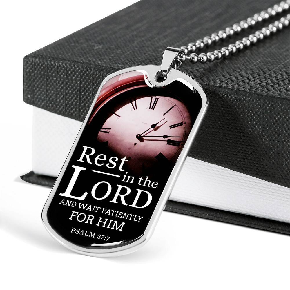 Wait And Rest In God's Presence Bible Verse Gift Psalm Necklace Stainless Steel or 18k Gold Dog Tag 24" Chain-Express Your Love Gifts