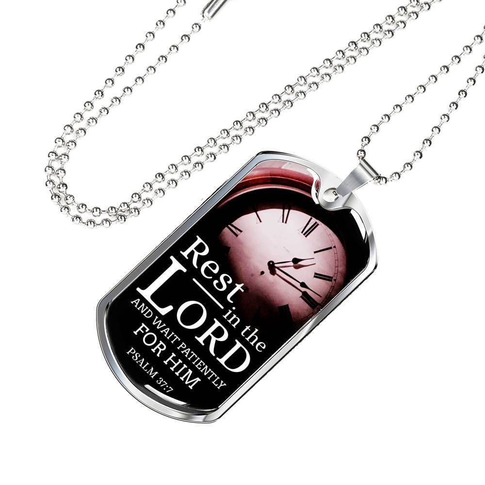 Wait And Rest In God's Presence Bible Verse Gift Psalm Necklace Stainless Steel or 18k Gold Dog Tag 24" Chain-Express Your Love Gifts