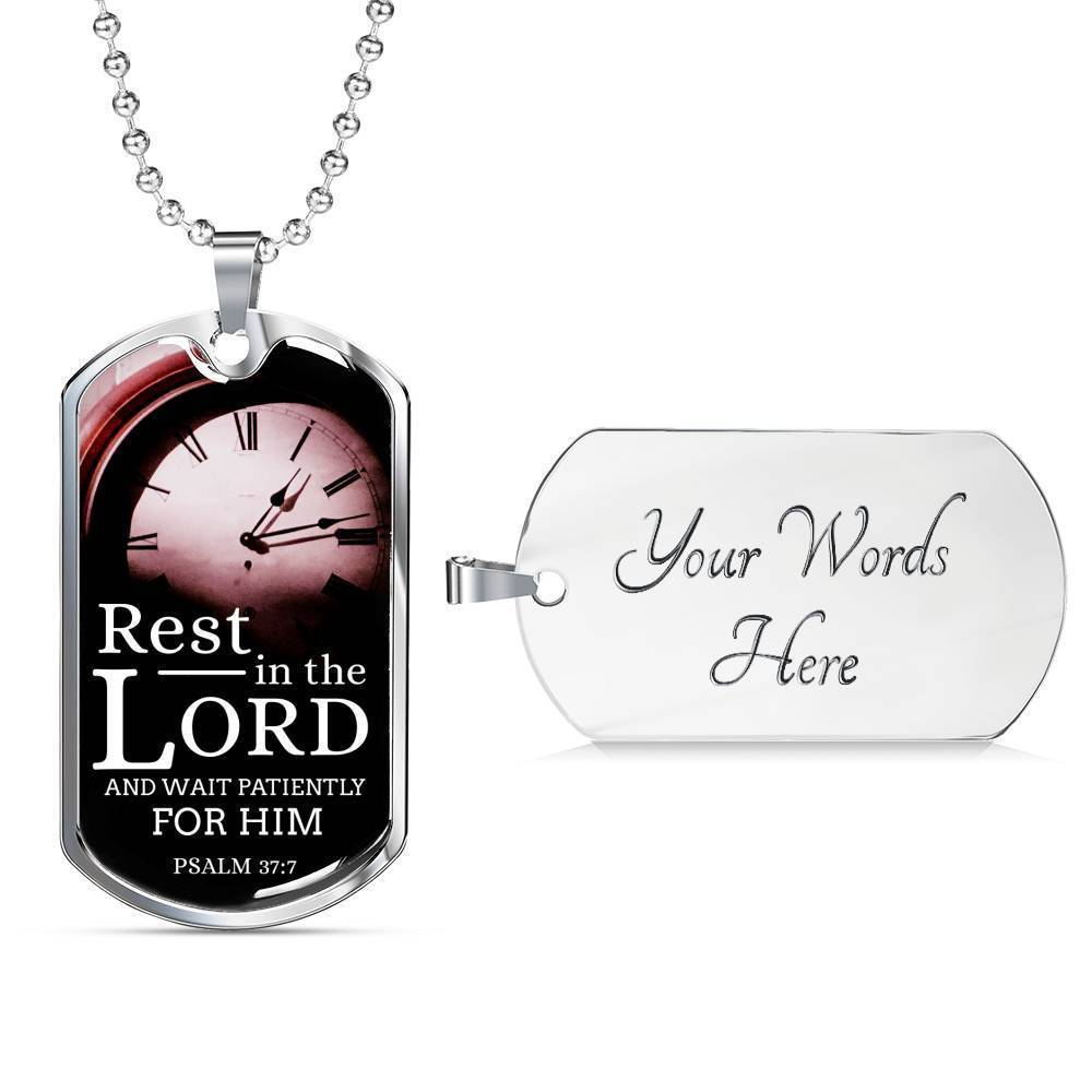 Wait And Rest In God's Presence Bible Verse Gift Psalm Necklace Stainless Steel or 18k Gold Dog Tag 24" Chain-Express Your Love Gifts