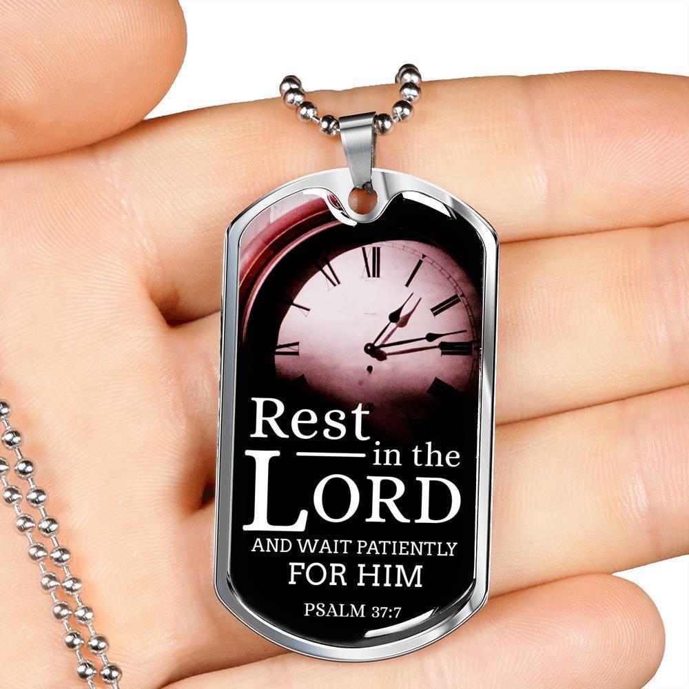 Wait And Rest In God's Presence Bible Verse Gift Psalm Necklace Stainless Steel or 18k Gold Dog Tag 24" Chain-Express Your Love Gifts