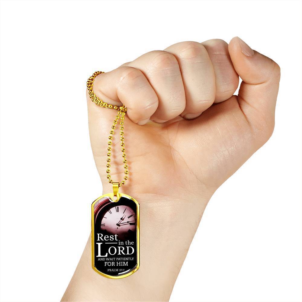 Wait And Rest In God's Presence Bible Verse Gift Psalm Necklace Stainless Steel or 18k Gold Dog Tag 24" Chain-Express Your Love Gifts