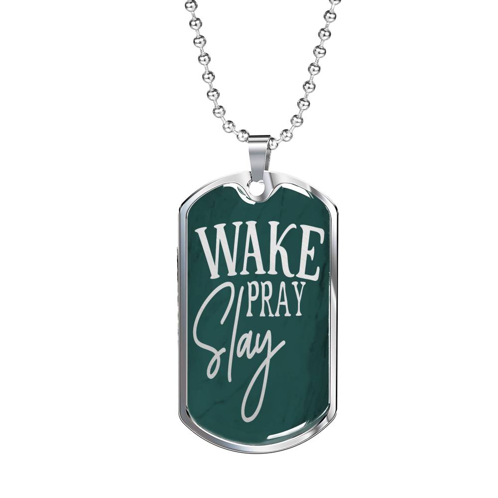 Wake Pray Slay Necklace Stainless Steel or 18k Gold Dog Tag 24"-Express Your Love Gifts